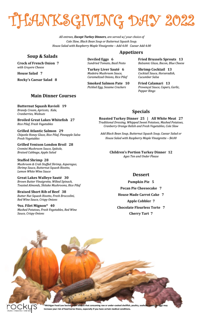 Thanksgiving 2022 Menu Rocky's of Northville